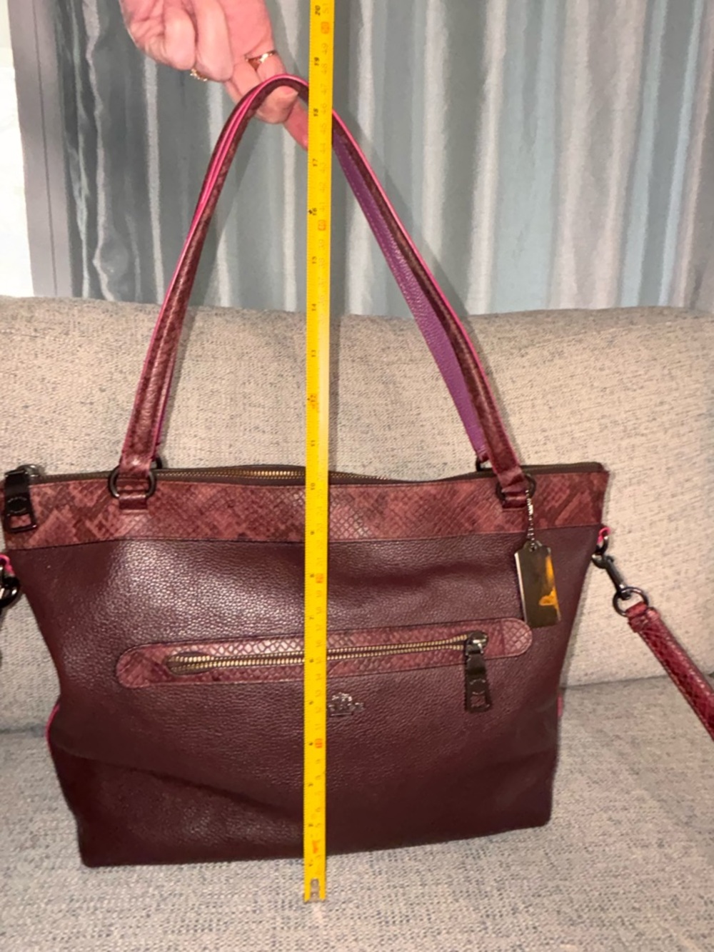Coach Tyler Leather Tote Burgundy w/Purple/Snake Details, Crossbody Strap - Picture 13 of 16